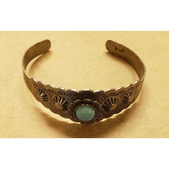 Bracelet, Vintage, Silver toned Metal, with Stone, engraved, starburst,G (J22) - Picture 1 of 5
